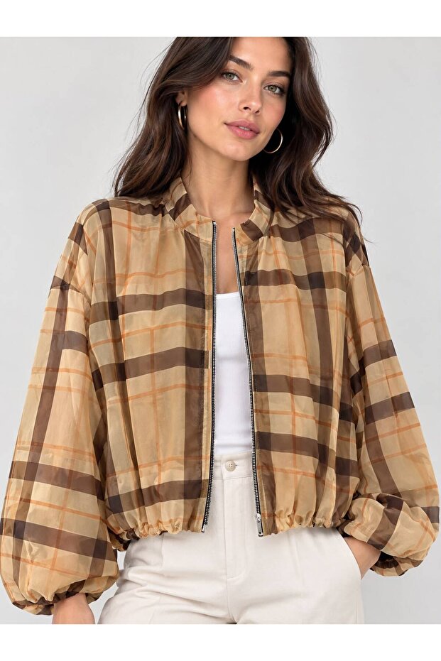 Women's Yellow Patterned Chiffon Lined Bomber Jacket