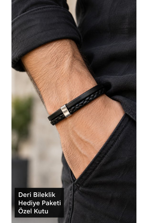 Dunvario Twinshade Black Leather Men's Bracelet - Flat Band and Thin Weave Layer
