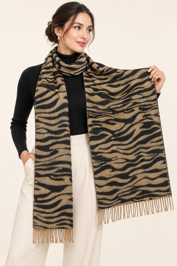 Zebra Patterned Tassel Shawl, Zebra Patterned Women's Scarf