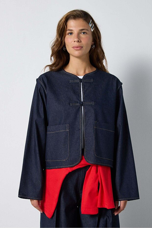 Women's Navy Blue Premium Buttoned Denim Jacket 32009
