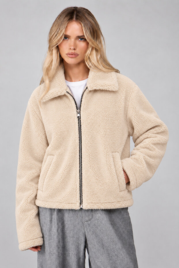 Women's Oversize Plush Coat with Zipper Pockets, Soft Textured Teddy Jacket