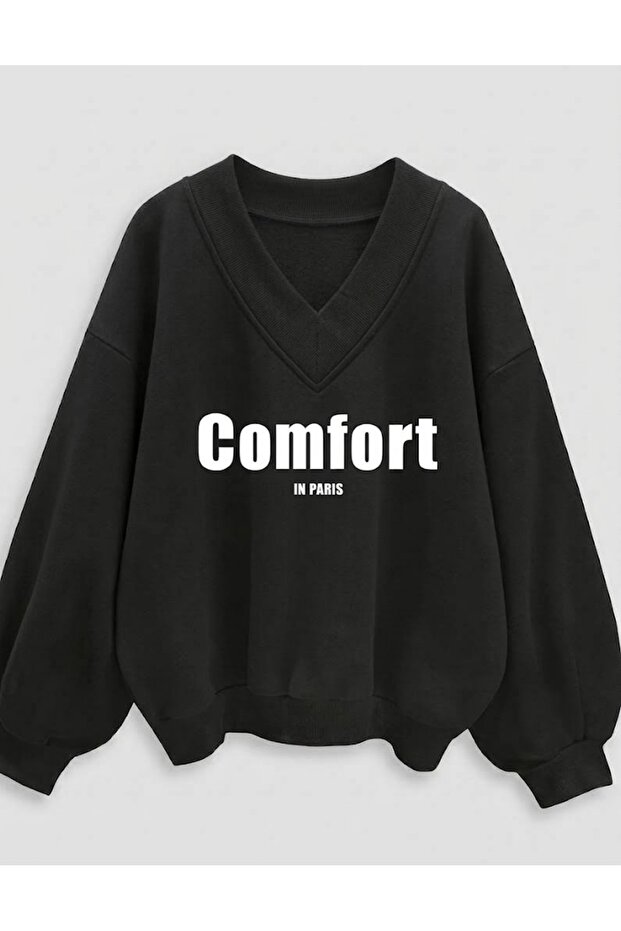 Black Unisex V-Neck Comfort Printed Oversize Patterned Fabric Sports Sweatshirt Hzlvdüz01Ssweat