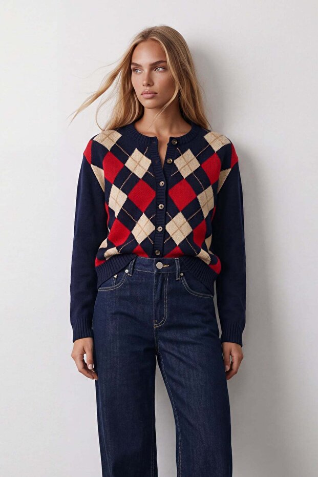 Women's Navy Blue Diamond Pattern Buttoned Cardigan Alc-X15880