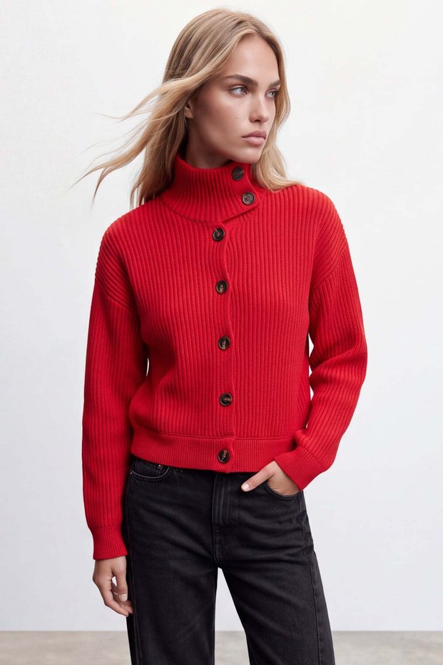 Women's Red Turtleneck Knitwear Cardigan Alc-X15881