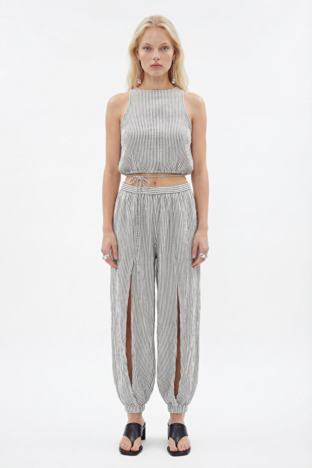 Crinkle Black Striped Jogger Pants
