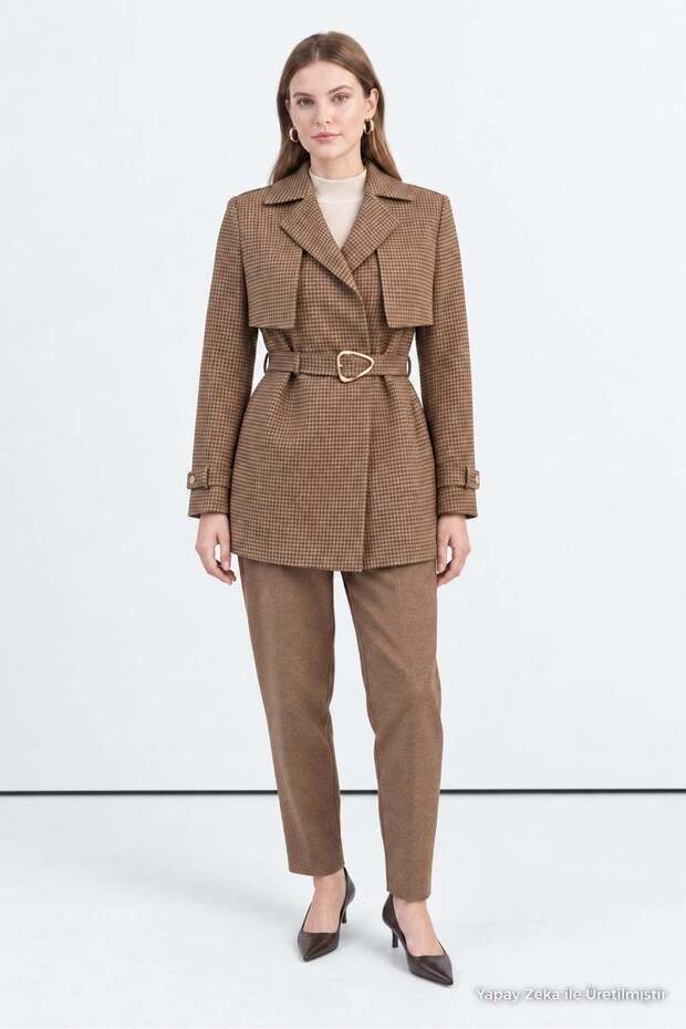 Covered Collar, Buckle, Belted, Checkered Camel Suit 2062