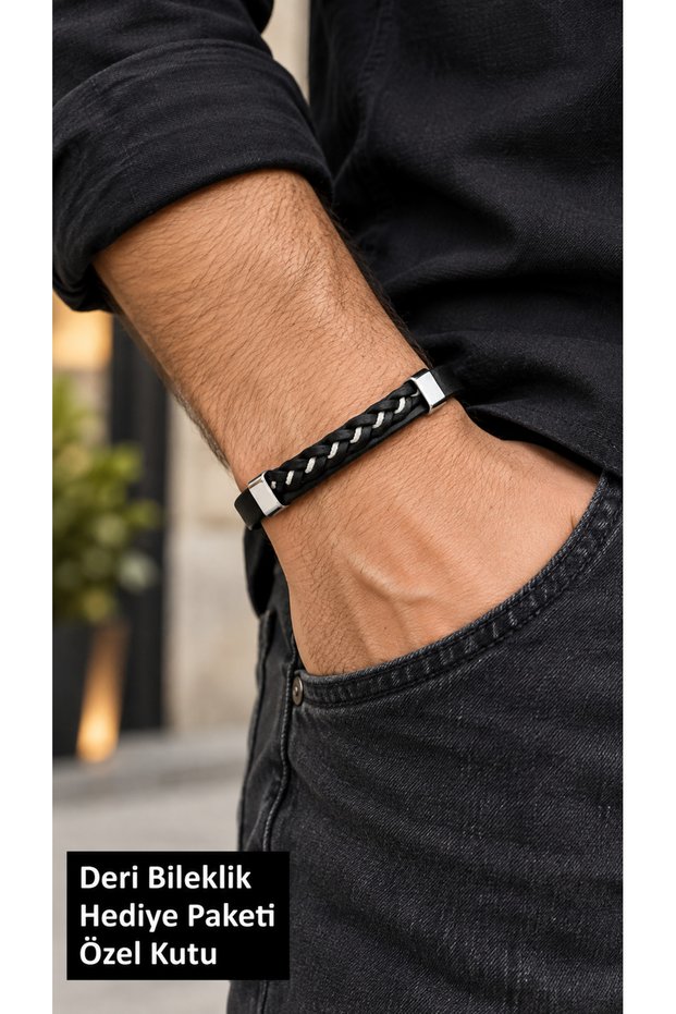 Kervion Openloop Black Leather Men's Bracelet - Open Ring Braided Front Detail