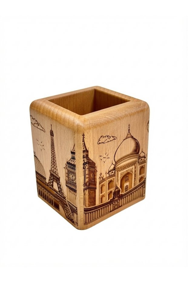 Wooden Pen Holder – 10.5x9cm Laser Engraved "Around the World" Landmarks Desk Organizer, Travel Theme Office Decor & Gift