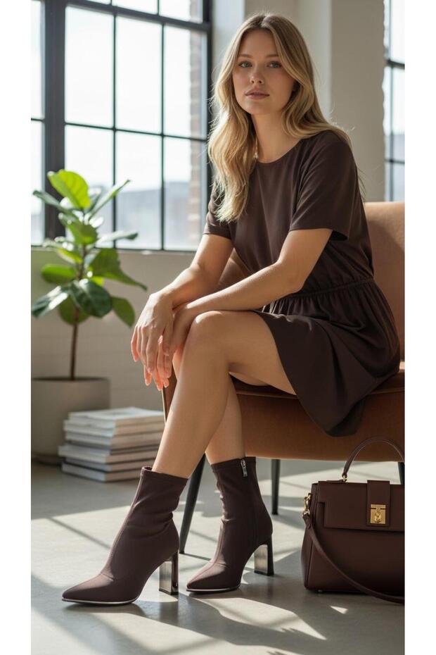 Imported women's stretch model chunky heel bootie 0070-00