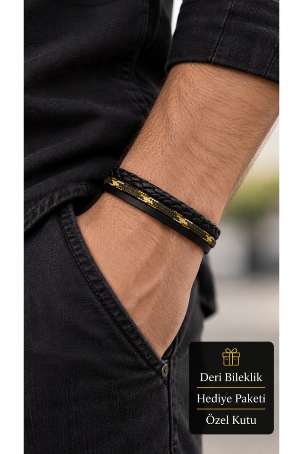 Dervanor Goldthread Black Leather Men's Bracelet - Gold-Toned Fine Weaving and Knitting