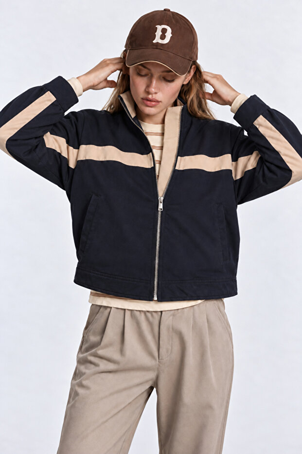 Contrast Stripe Detailed Woven Jacket Laz0019 Dark Blue