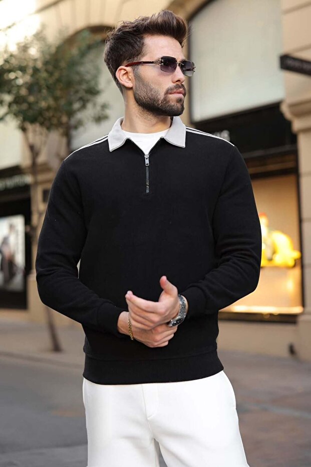 Black Stripe Detailed Polo Collar Men's Sweatshirt E7212