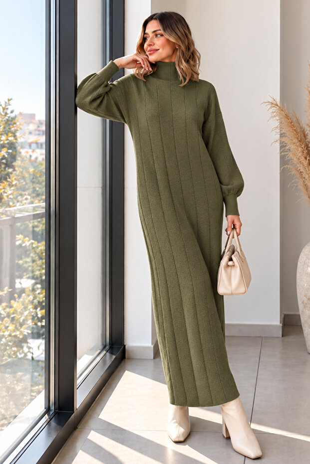High Collar Ribbed Knitwear Dress K3051 Khaki