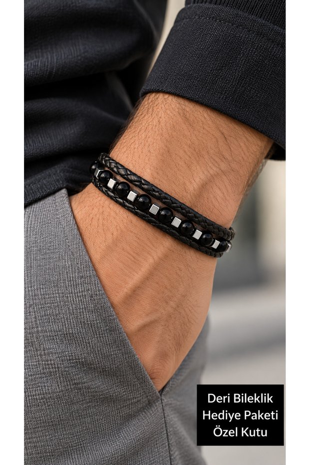 Morvessa Darkfacet Black Leather Men's Bracelet - Multi-Row with Angled Black Beads