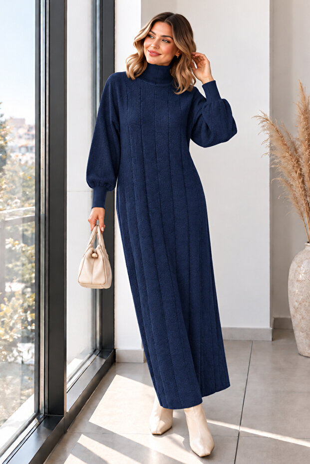 High Collar Ribbed Knitwear Dress K3051 Navy Blue