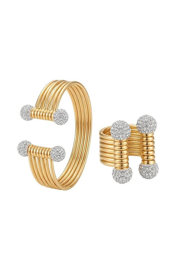 Handmade Women's Multi-Row Gold Color Stone Ball Detailed Bracelet and Ring Set
