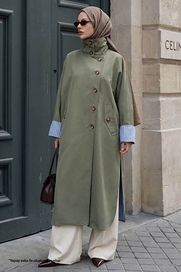 High Collar Lined Khaki Trench Coat