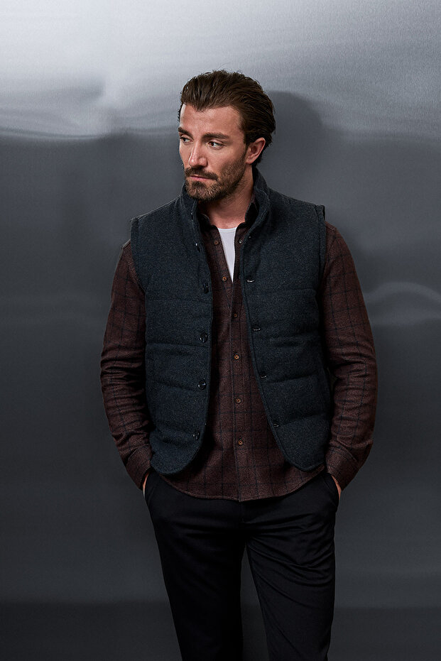Textured Slim Fit Stand Collar Buttoned Wool Blend Men's Vest Navy Blue - 40965.26K