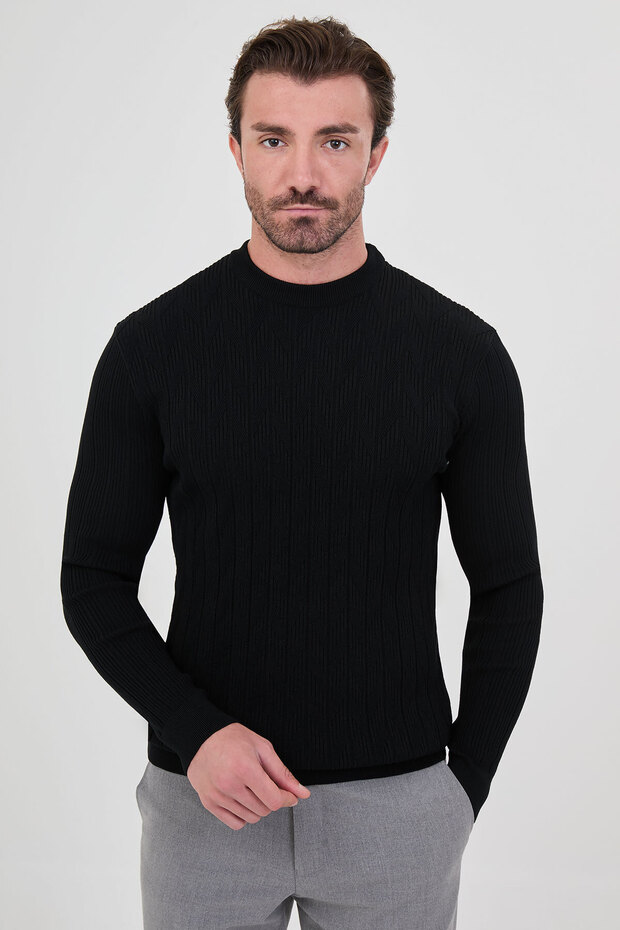 Knitted Patterned Slim Fit Crew Neck Cotton Men's Knitwear Sweater Black - 11608.26K