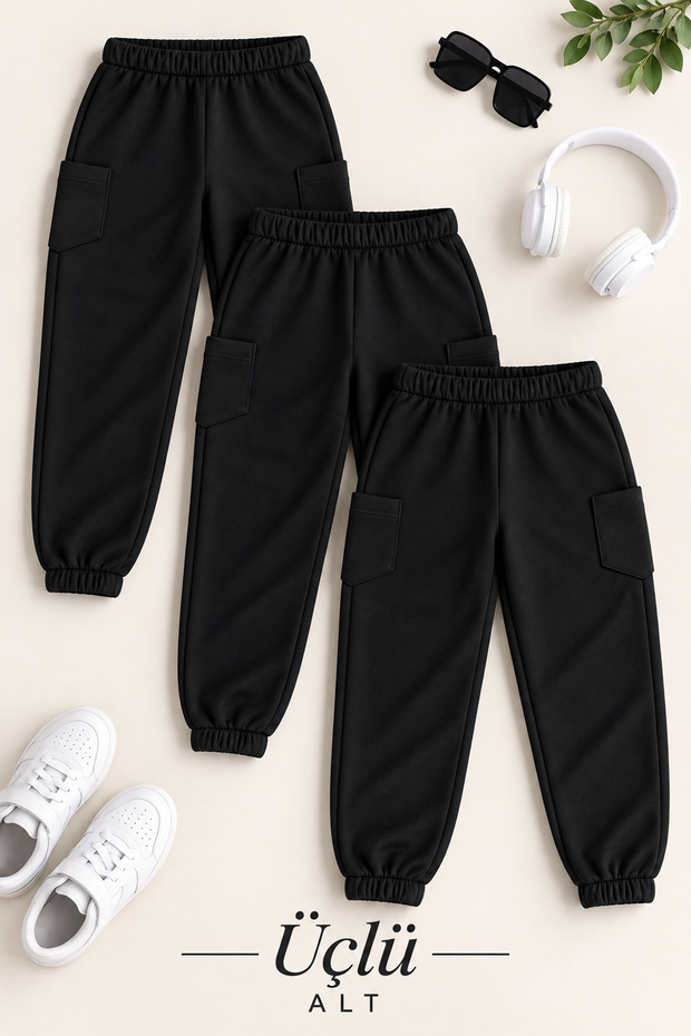 Unisex 3-Pack Black Children's Sweatpants with Elastic Waist and Cuffs