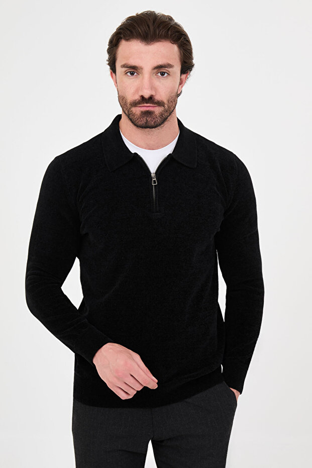 Plain Slim Fit Polo Collar Zippered Chenille Men's Knitwear Sweater Black - 11603.26K