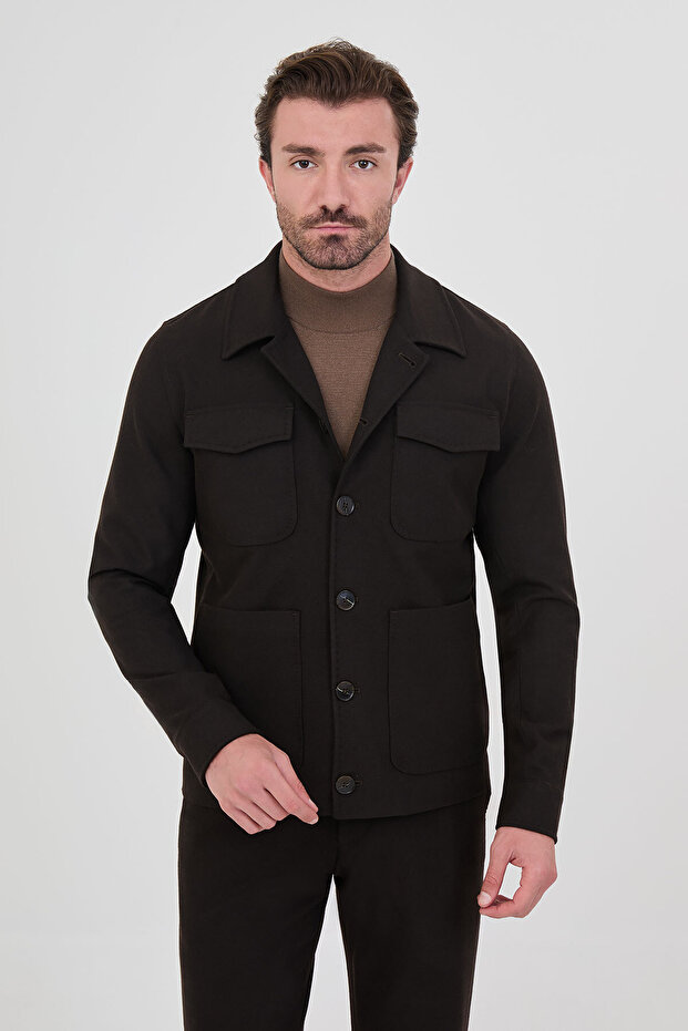 Straight Slim Fit Shirt Collar Buttoned Pocket Wool Blend Men's Coat Brown - 39699.26K
