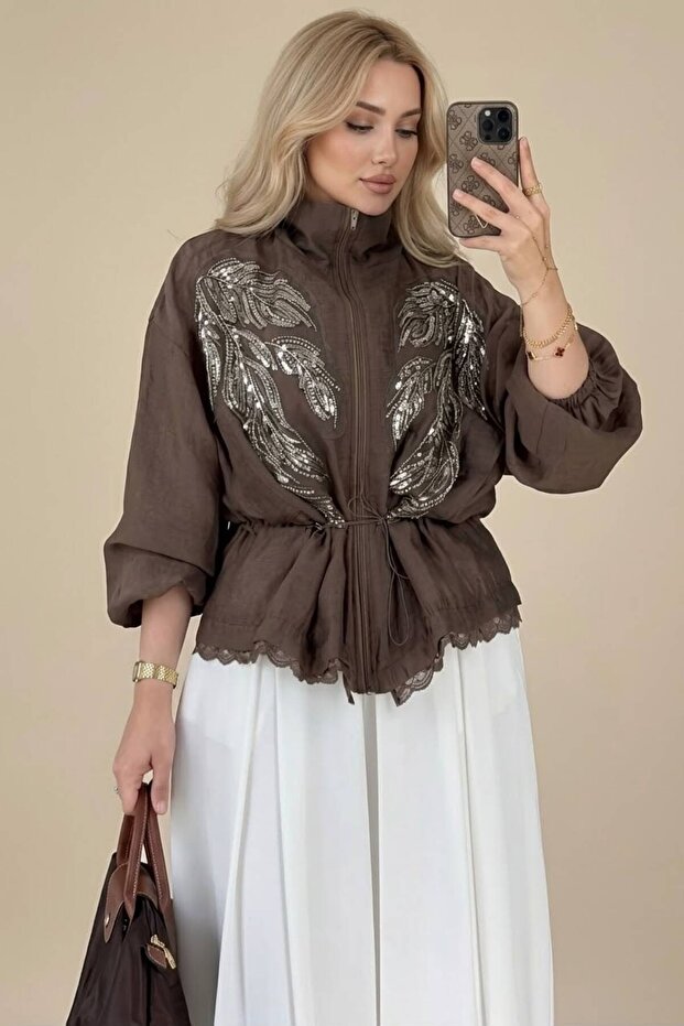 Beaded Lace Lined Zipper Jacket Per9773