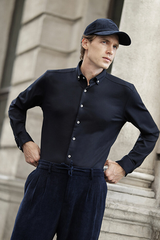 Straight Slim Fit Stand Collar Lumberjack Long Sleeve Men's Shirt Navy Blue - 27161.26K