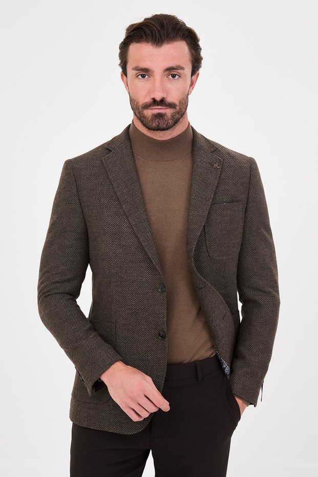 Textured Slim Fit Mono Collar Pocket Premium Wool Blend Men's Jacket Black-Beige - 44326.26K