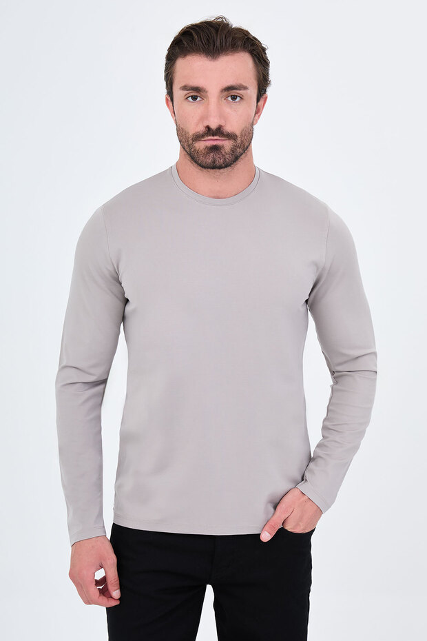 Plain Slim Fit High Crew Neck Cotton Long Sleeve Men's T-Shirt Stone - 36900.26K