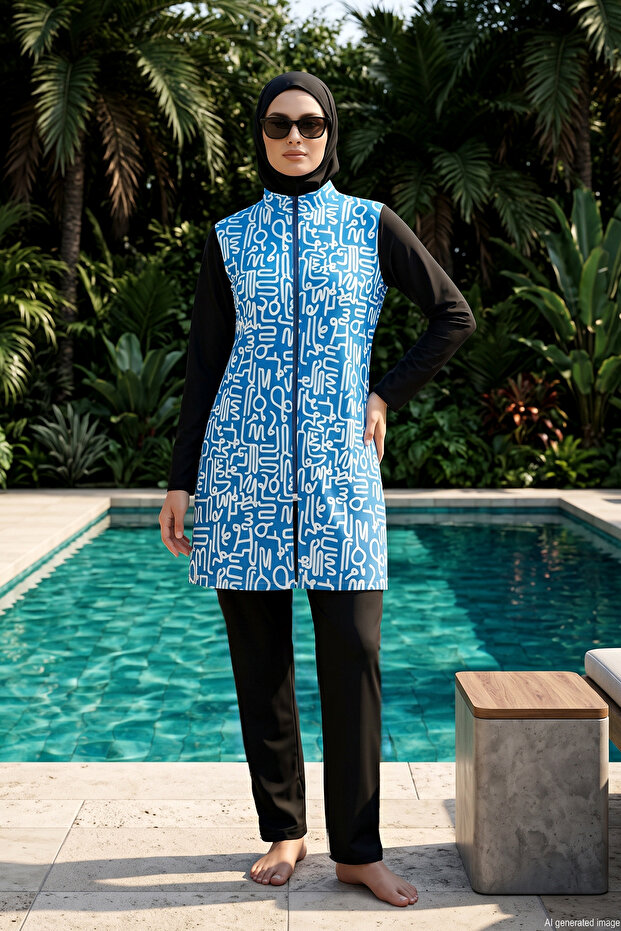 Parachute Patterned Full Covered Hijab Swimsuit 03 Blue
