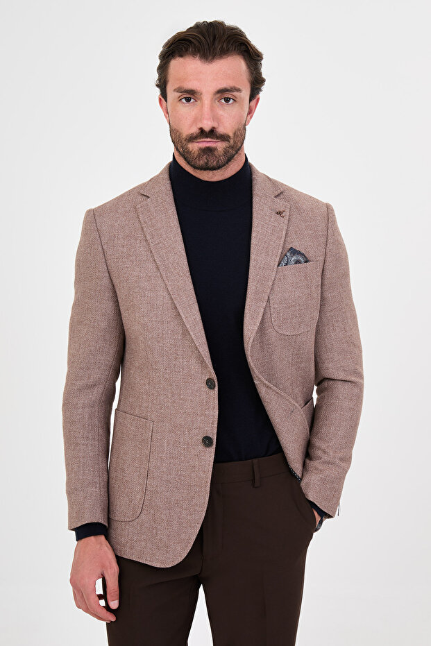 Textured Slim Fit Mono Collar Pocket Premium Wool Blend Men's Jacket Brown - 44326.26K