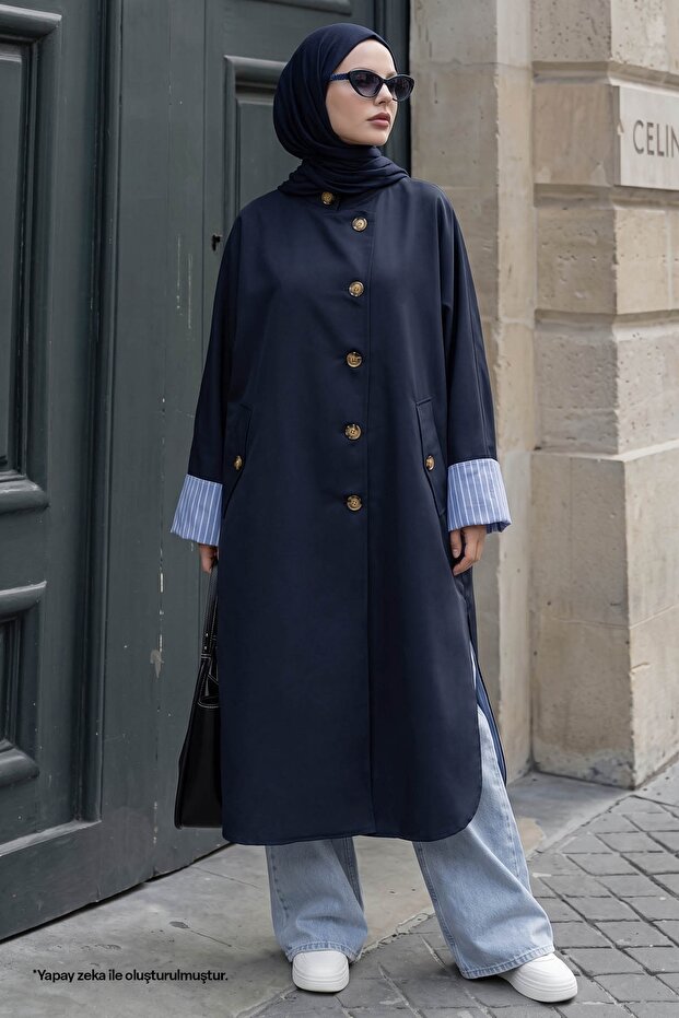 High Collar Lined Navy Blue Trench Coat
