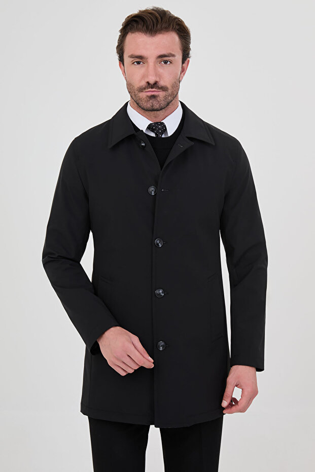 Straight Slim Fit Shirt Collar Buttoned Men's Trench Coat Black - 39691.26K