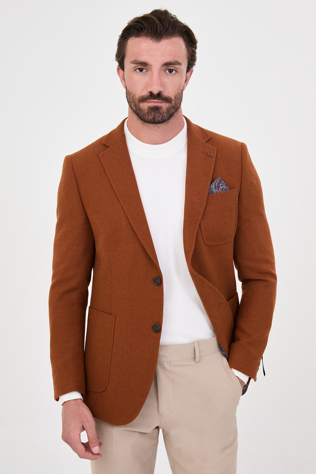 Textured Slim Fit Mono Collar Pocket Premium Wool Blend Men's Jacket Tile - 44326.26K