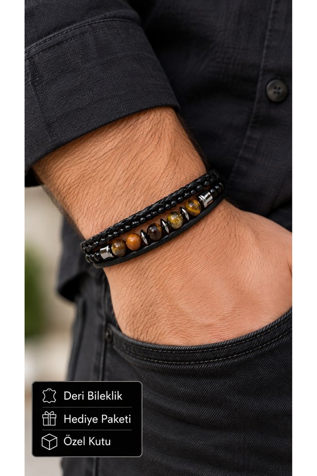 Fenvaris Tigerframe Black Leather Men's Bracelet - Brown Striped Beads and Weave