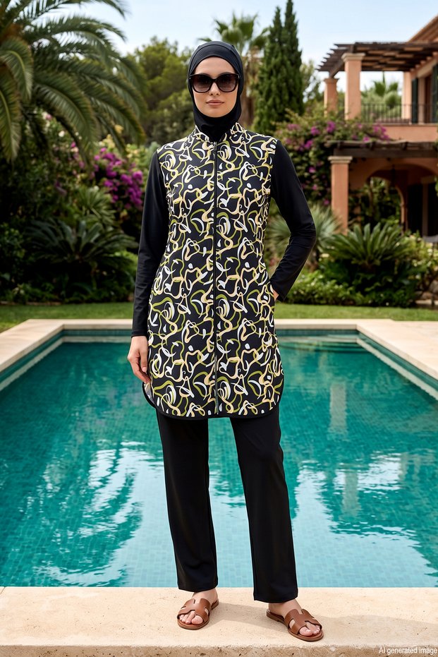 Parachute Large Patterned Full-Covered Full-Zipper Hijab Swimsuit 02 Black04