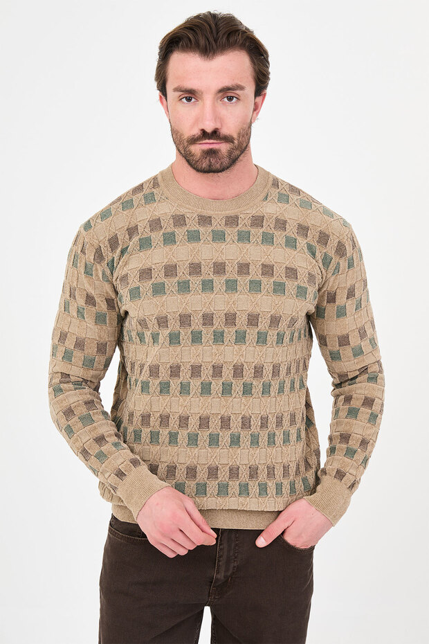 Checkered Slim Fit Crew Neck Chenille Men's Knitwear Sweater Beige - 11609.26K