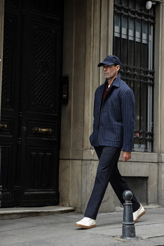 Striped Slim Fit Shirt Collar Buttoned Pocket Men's Coat Navy Blue - 39678.26K