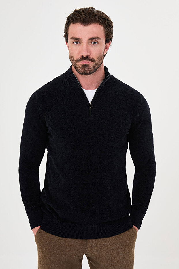 Plain Slim Fit Stand Collar Zippered Chenille Men's Knitwear Sweater Navy Blue - 11605.26K