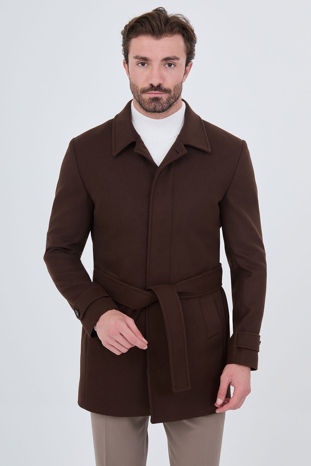Straight Slim Fit Shirt Collar Belted Cashmere Men's Coat Dark Brown - 21288.23K