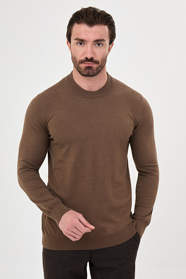 Plain Patterned Slim Fit High Crew Neck Cashmere Men's Knitwear Sweater Milk Coffee - 11613.26K