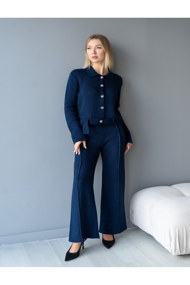 Self-Belted Jacket, Striped Trousers, Knitwear Set