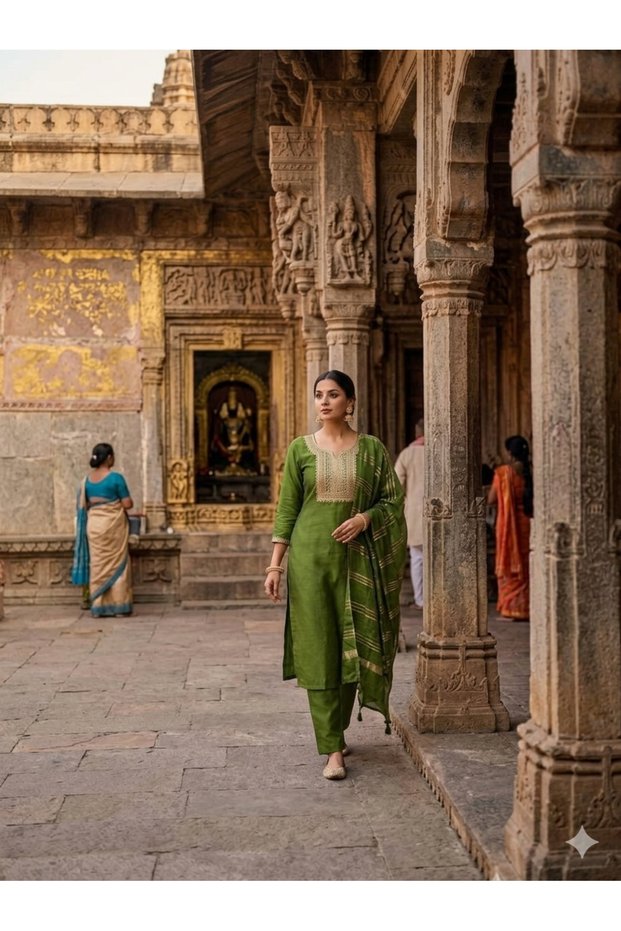 Green Slub Cotton Embroidered Straight Suit Set - LRN9469 | Green-Size:2XL-44-Inches