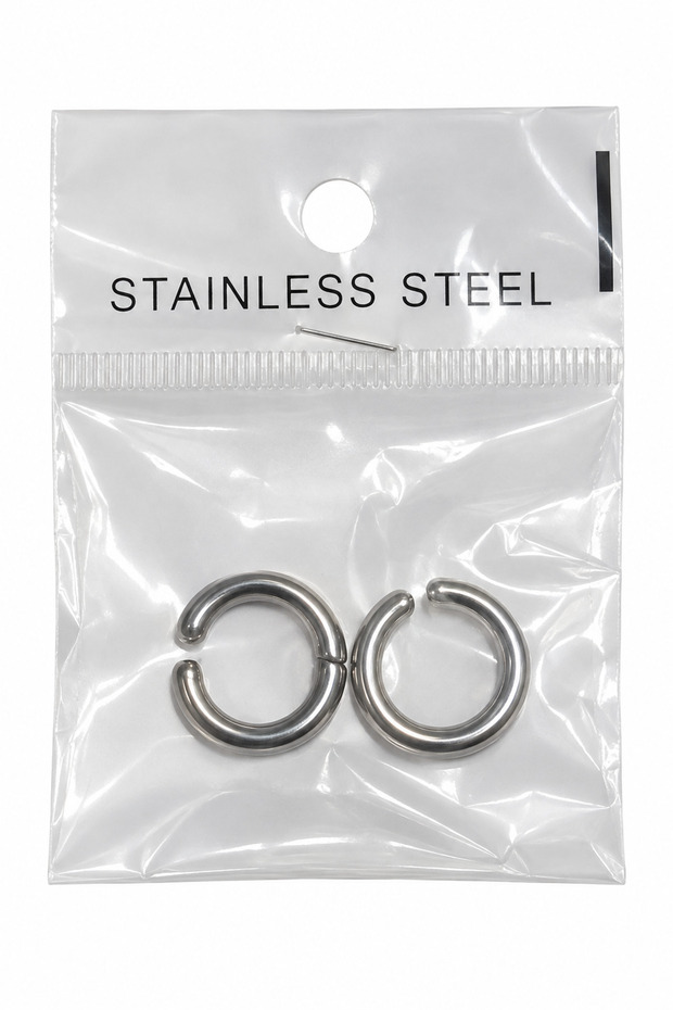 Men's Cystic 1 Cm. Hoop Earrings Set of 2 Silver Color Stainless Steel Non-Pierced Ear Earrings