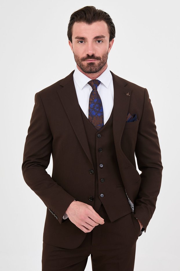 Plain Slim Fit Mono Collar Vest Wool Blend Men's Suit Dark Coffee - 45484.26K