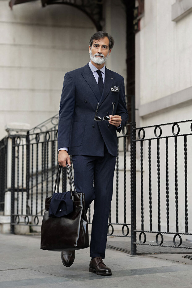 Plain Slim Fit Wide Collar Double Breasted Wool Blend Men's Suit with Pocket Bags Navy Blue - 45491.26K
