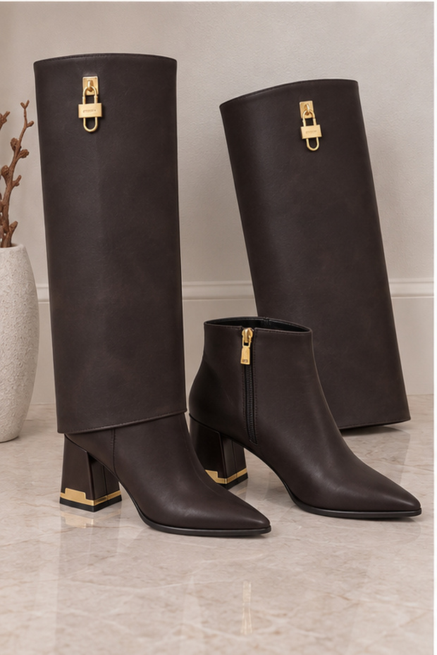Noble Tread Women's Detachable Boots 2-in-1 Pointed Toe Thick Heel with Gold Detail