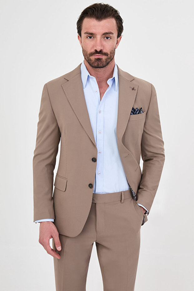 Plain Slim Fit Mono Collar Vestless Wool Blend Men's Suit Mink - 45485.26K
