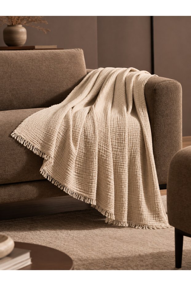 Four-Layer Tasseled Muslin Tv Blanket - 100% Cotton